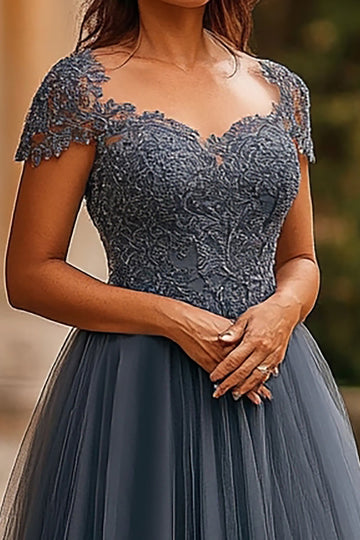 Tulle Bleu Gris Une Ligne Cap Manches Plissé Longue Mère De La Robe De La Mariée